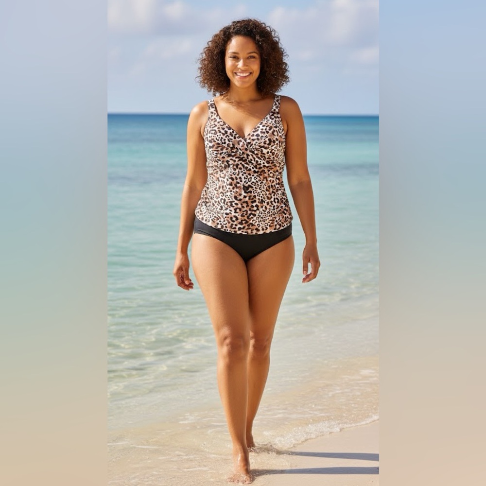 NWT Swimsuit Cheetah Print Knot Tankini Top Women’s Fits Large Time and Tru Bath